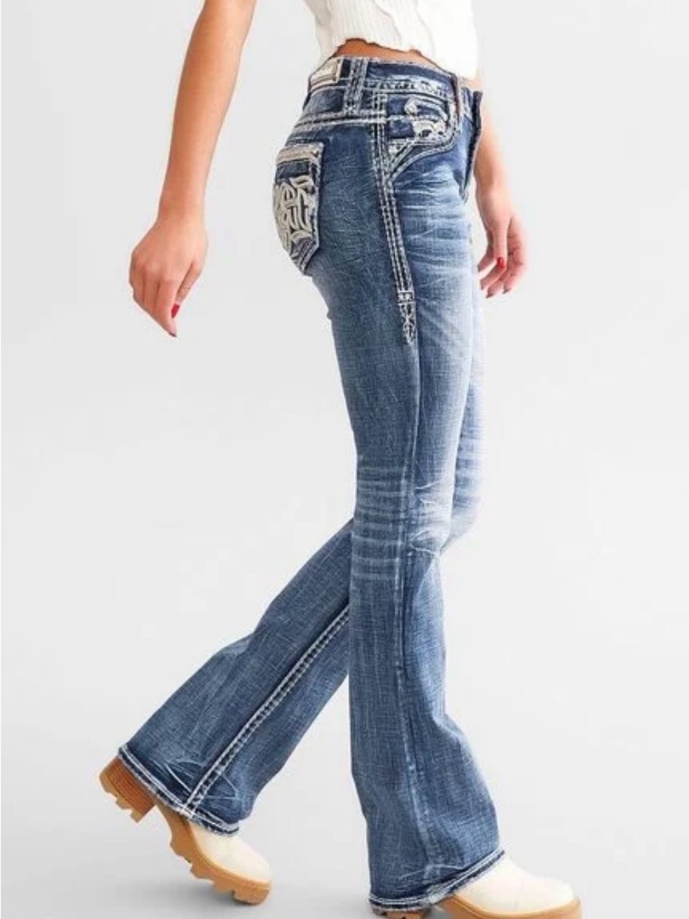 Rock Revival Blue Embroidered Wide Leg Jeans - Women boots cut